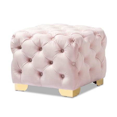 Baxton Studio Avara Pink Velvet Upholstered Gold Finished Button Tufted Ottoman 153-9373